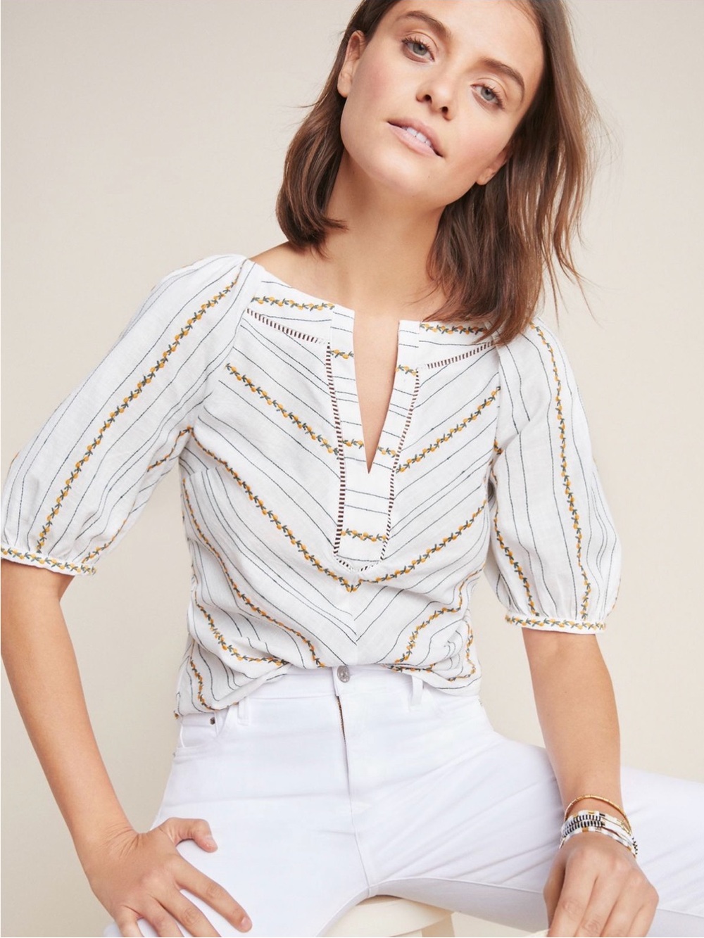 Maeve Anthropologie Fruit Puff-Sleeved Embroidered Top 100% Cotton